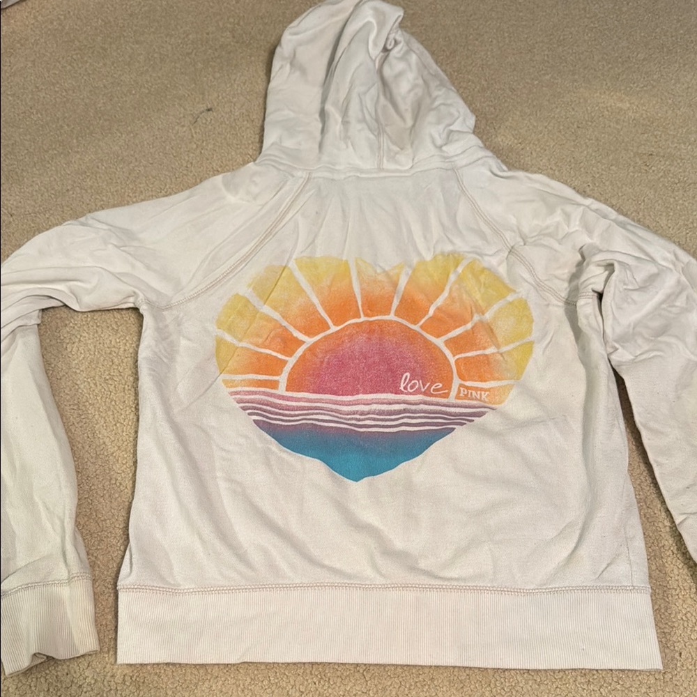 LOVE PINK White Zip Up Hoodie with sunset heart design
